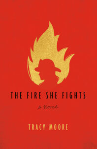 Red book cover with silhouette of female firefighter in gold flame